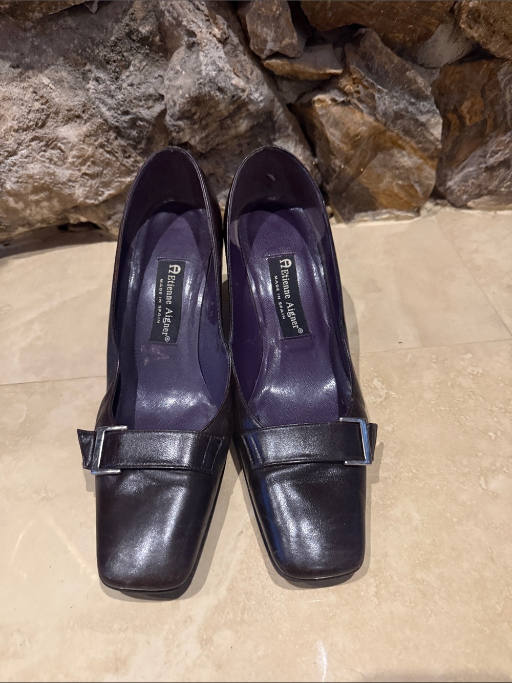 Etienne Aigner Dark Purple Leather Square-Toe Heels with Buckle Detail